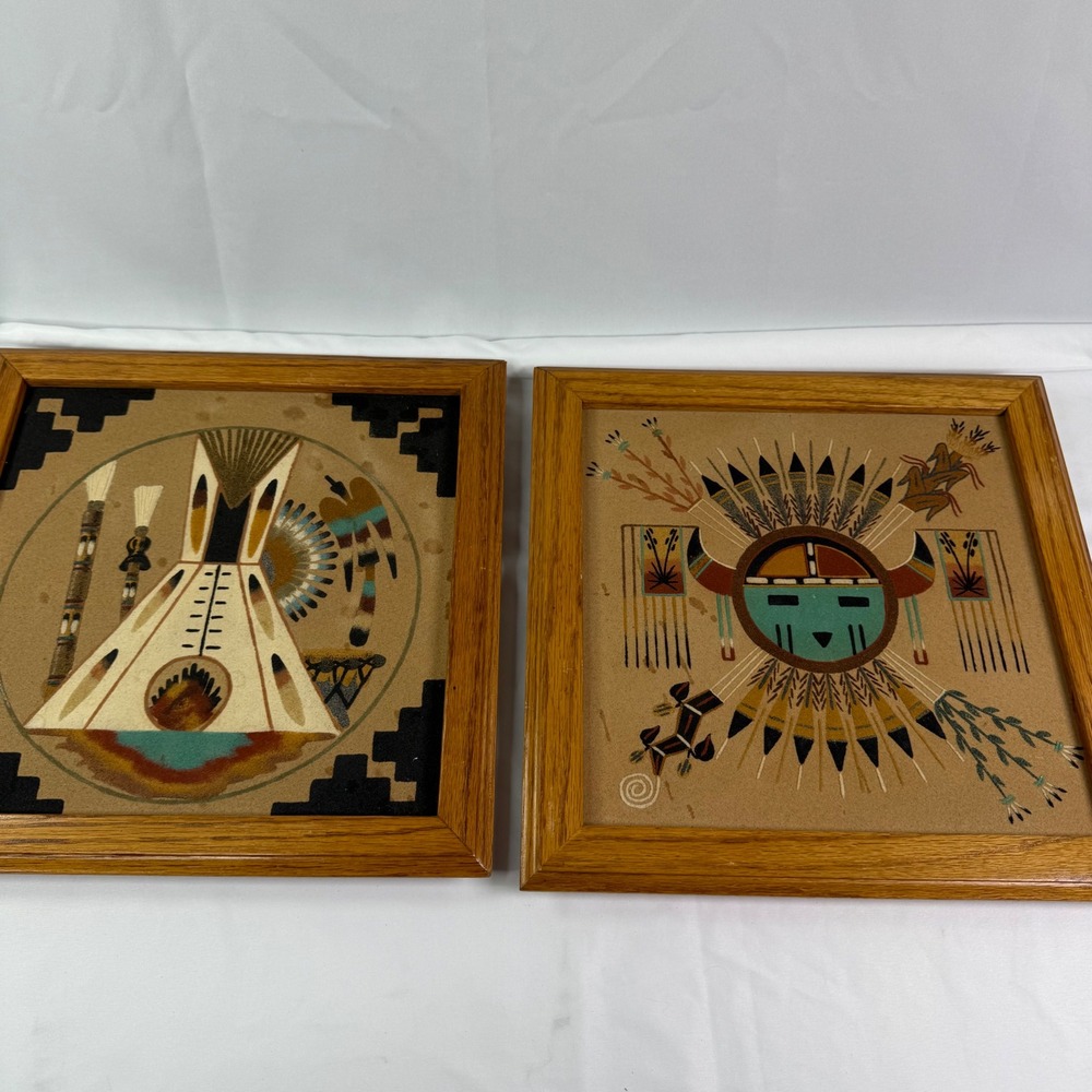 Nelson Cambridge Navajo Sand Painting Pair Tipi Sunface Signed Native Art